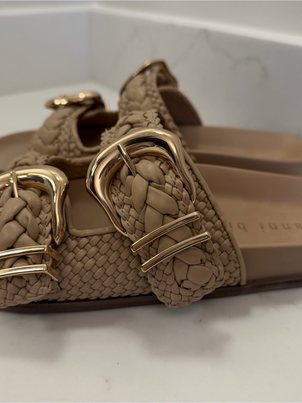 Gianni Bini Woven Double-Buckle Slide Sandals in Tan